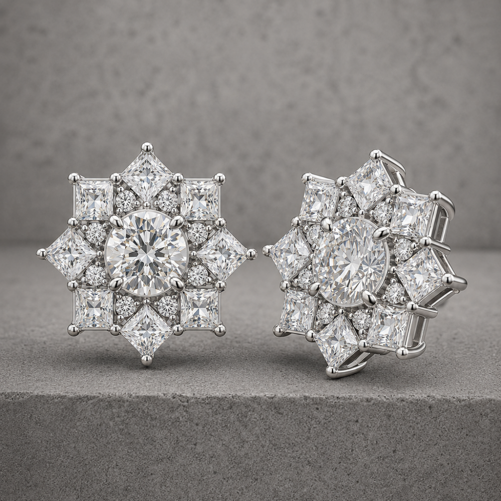 Celestial Star Princess-Cut Diamond Cluster Stud Earrings