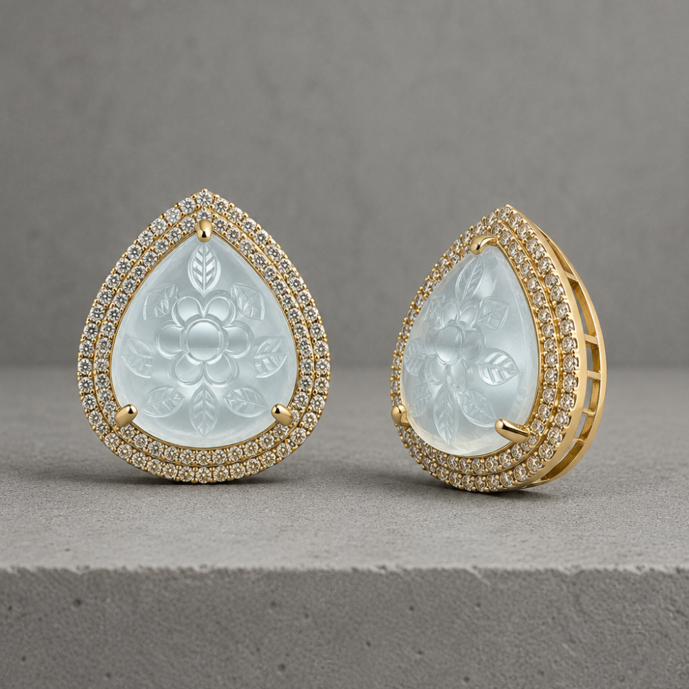 Ethereal Bloom Carved Gemstone & Diamond Halo Stud Earrings