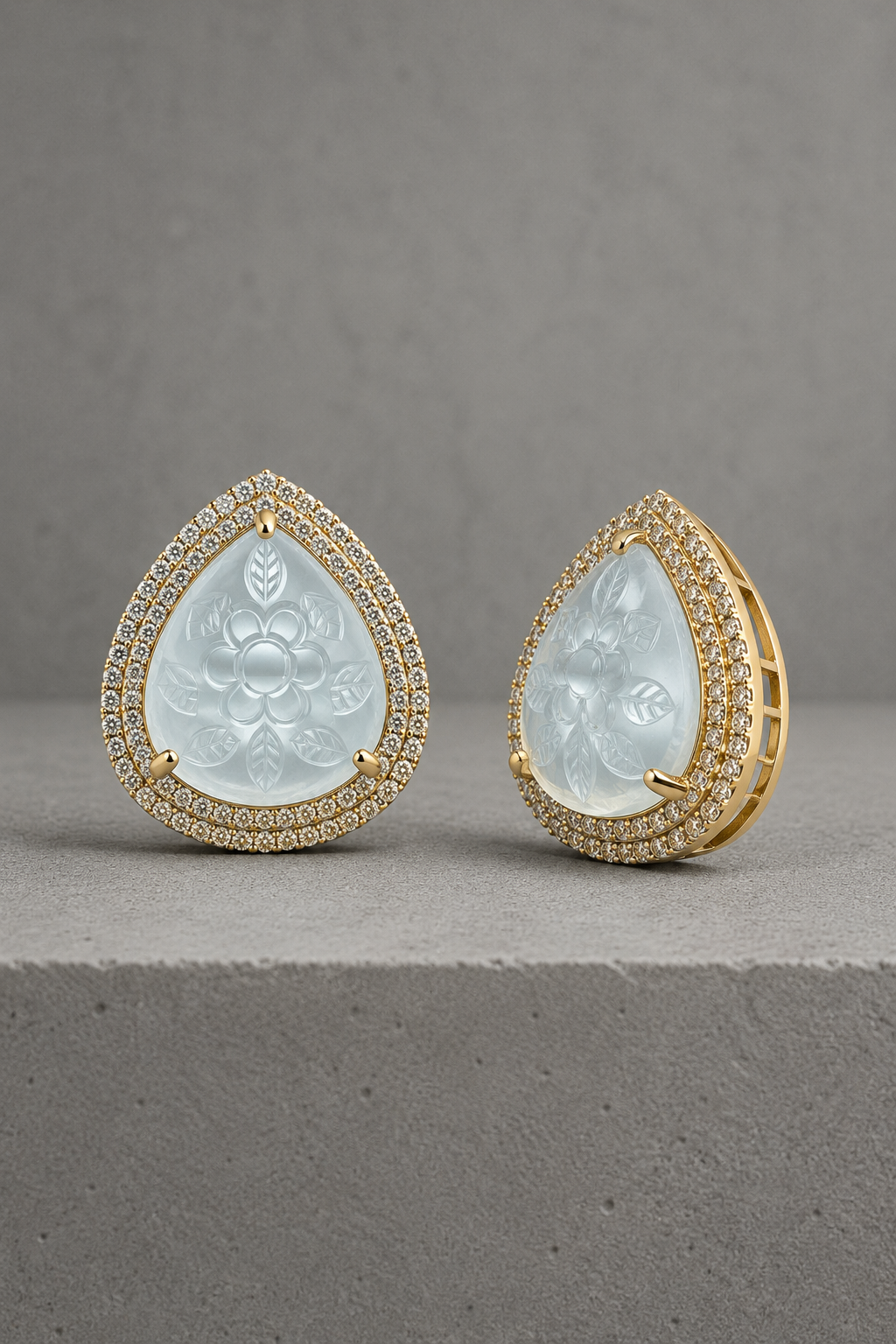 Ethereal Bloom Carved Gemstone & Diamond Halo Stud Earrings