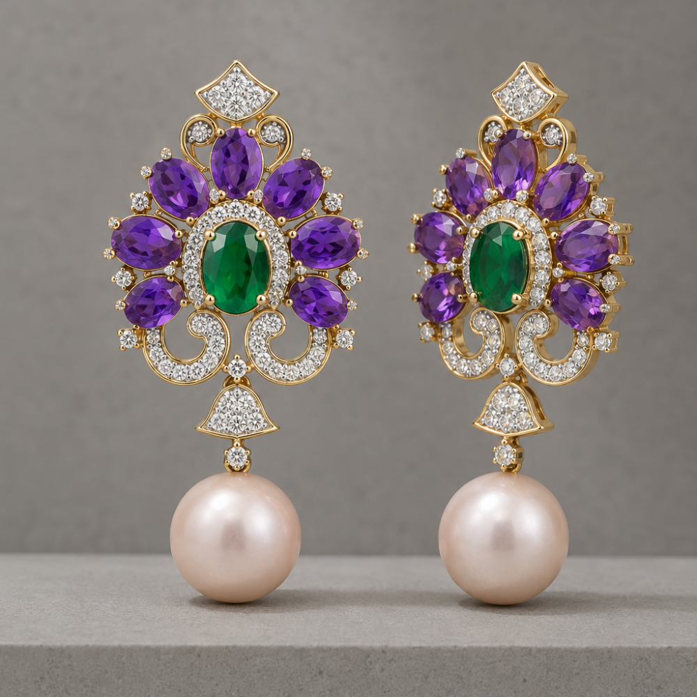Regal Bloom Gemstone, Diamond & Pearl Chandelier Earrings