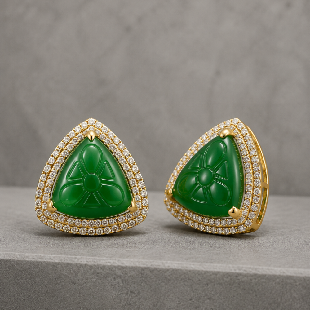 Verdant Bloom Carved Gemstone & Diamond Halo Stud Earrings